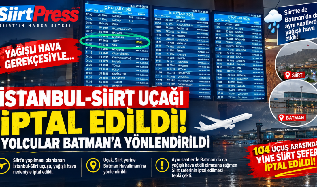 Siirt’e yapılması planlanan İstanbul-Siirt uçak seferi, olumsuz hava koşulları gerekçe