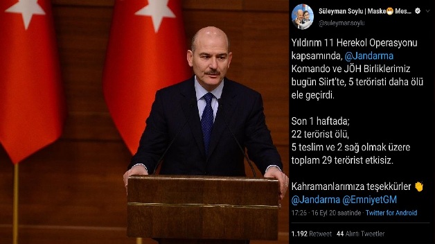 BAKAN SOYLU: SİİRT’TE 5 TERÖRİST ÖLÜ ELE GEÇİRİLDİ