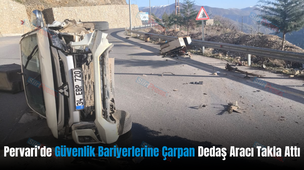 Pervari’de Güvenlik Bariyerlerine Çarpan Dedaş Aracı Takla Attı