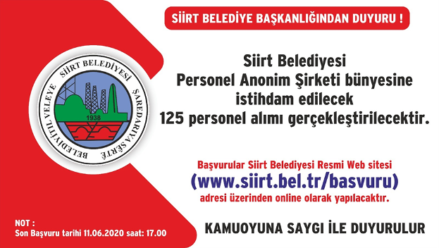 Siirt Belediyesi Anonim Şirketi (A.Ş.) bünyesinde 125 daimi işçi alımına