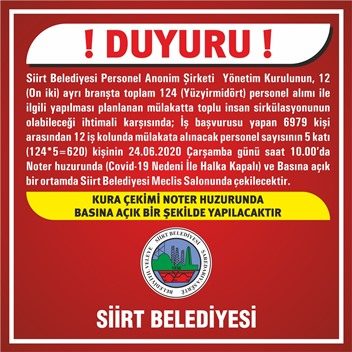 Siirt Belediyesi Anonim Şirketi (A.Ş.) bünyesinde 12 ayrı branşta işe