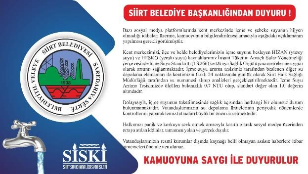 Siirt Belediyesi SİSKİ Müdürlüğü, bazı sosyal medya platformlarında “Kentte İçme