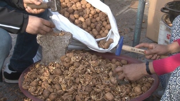 Siirt’te yaşayan kadınlar, tüccarların getirdiği cevizleri para karşılığı kırarak aile
